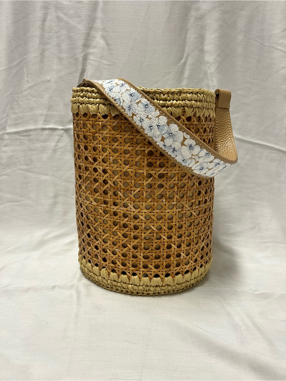 Woven Straw Bucket Bag with Floral Strap - Tan